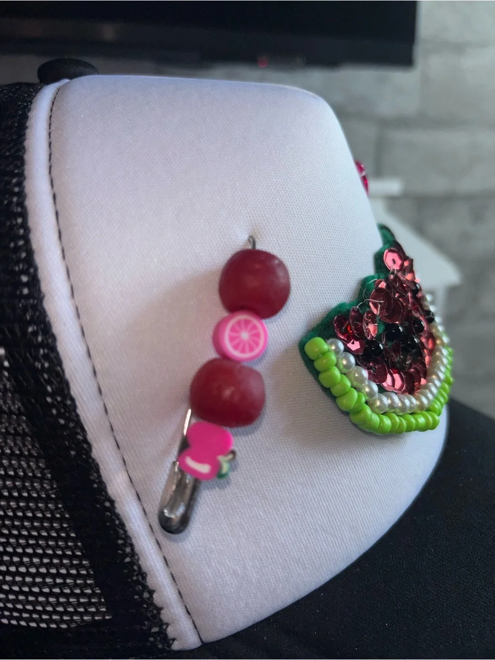 Black & White Trucker Hat w/Handmade, Pink Bead & Green Sequin Watermelon Accent